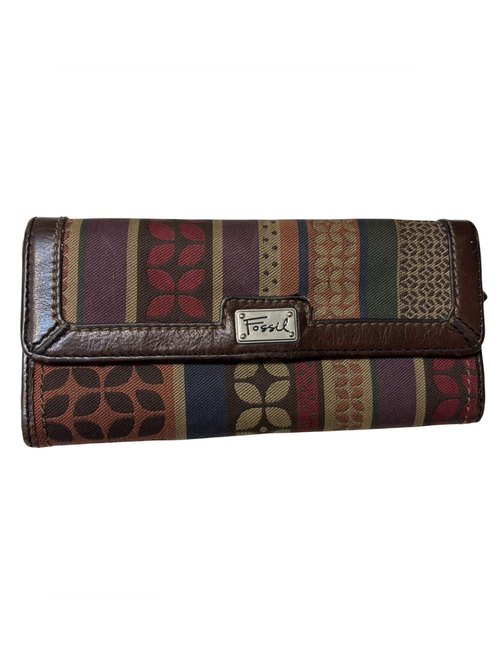 Vintage Fossil Multicolor Striped Canvas Wallet with Brown Leather Trim Y2K